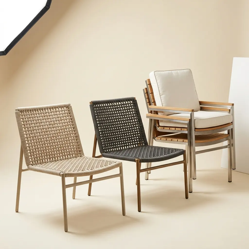 Woven lounge chairs in natural and charcoal rope